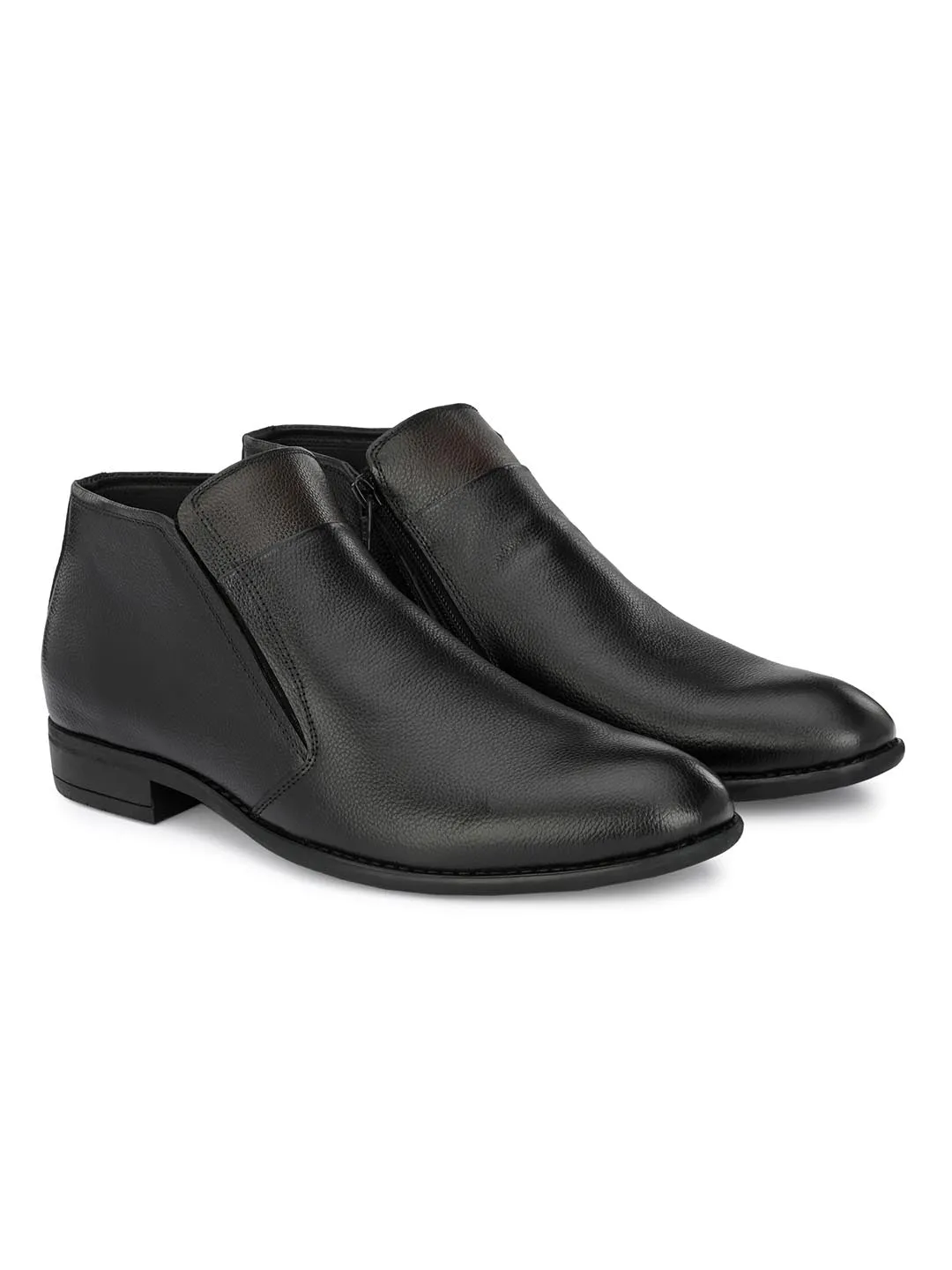 Hitz Men's Black Leather Ankle Boot Shoes with Zip Closure
