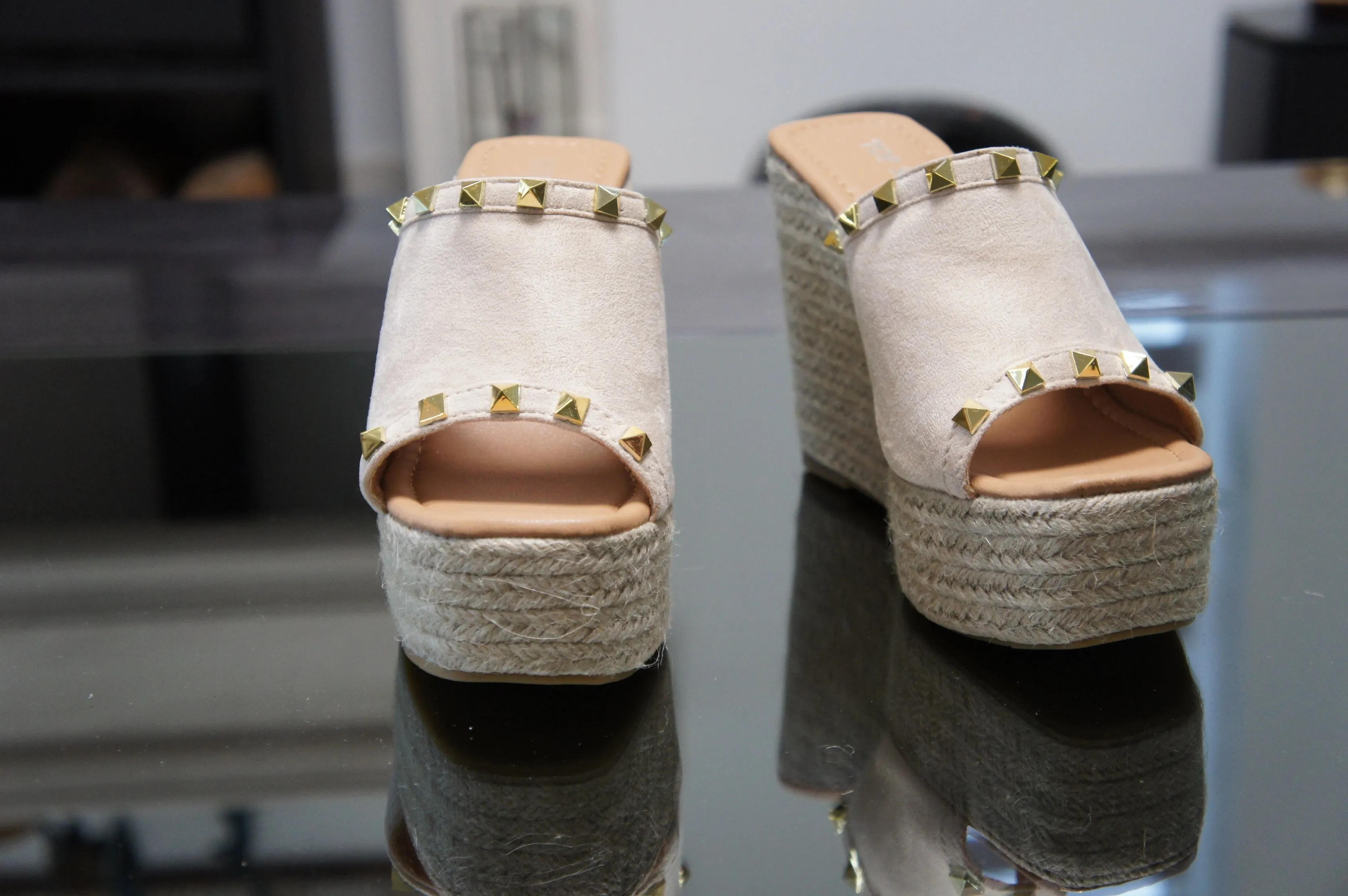 IVACHY Womens Summer Open Toe Espadrille Sandals with Woven Platform Wedge Heels BG-808 NUDE