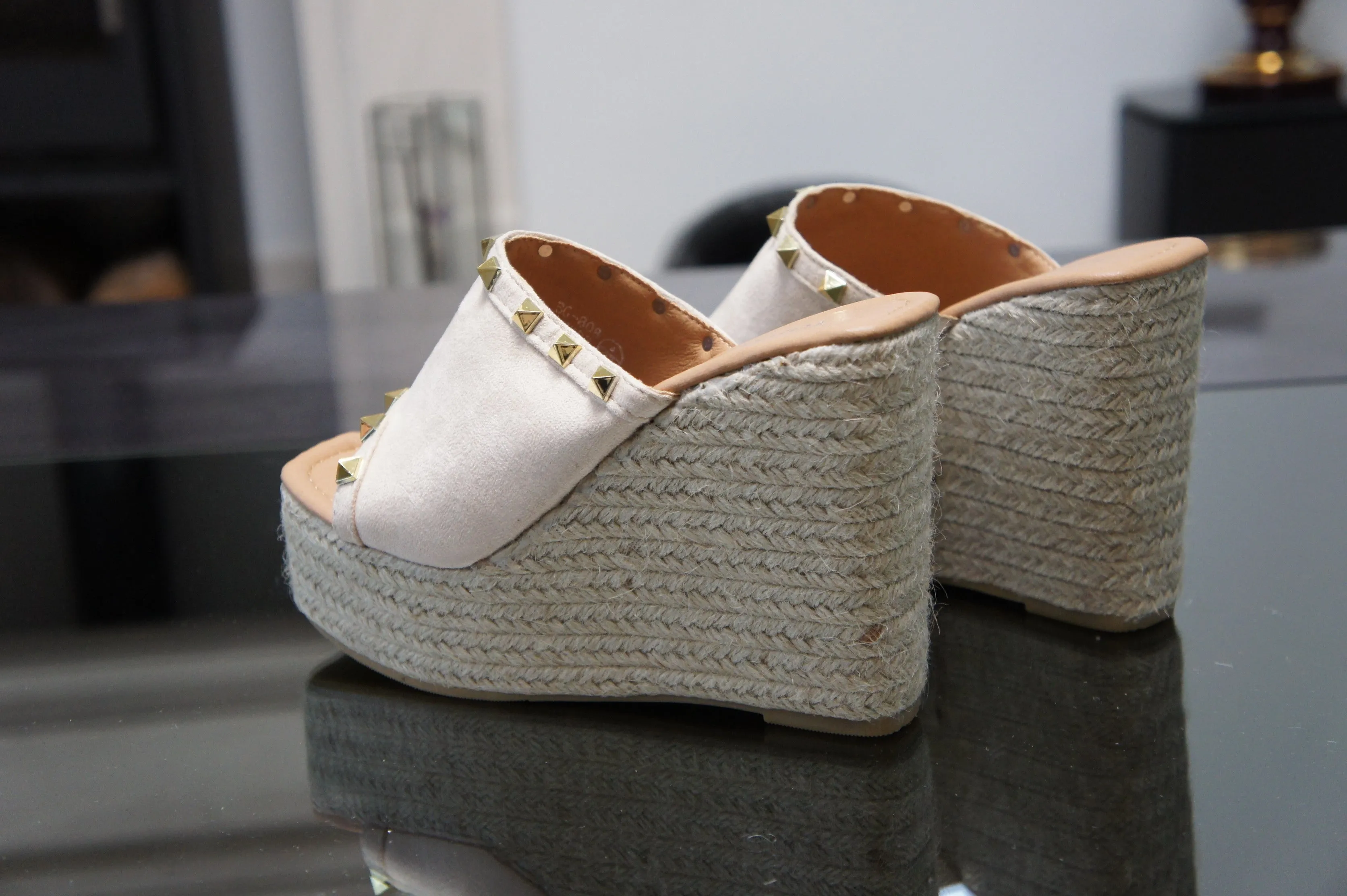 IVACHY Womens Summer Open Toe Espadrille Sandals with Woven Platform Wedge Heels BG-808 NUDE