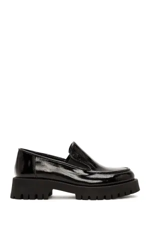 Kadın Siyah Rugan Deri Maskülen Loafer