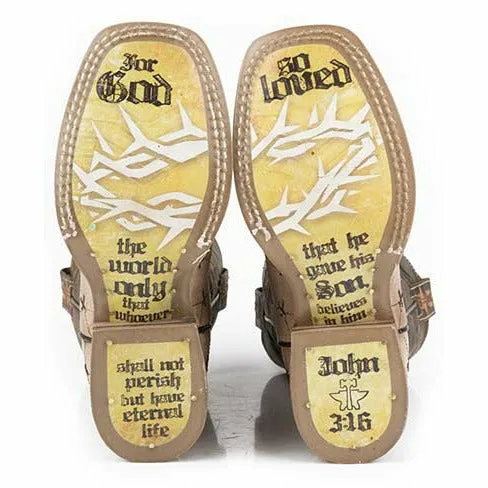 Kid's Tin Haul Lil Gospel Boots John 3:16 Sole Handcrafted Tan