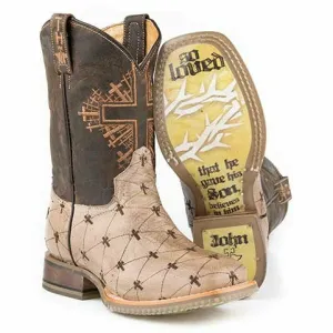 Kid's Tin Haul Lil Gospel Boots John 3:16 Sole Handcrafted Tan