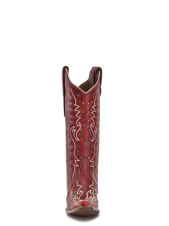 L6117 - WOMEN'S EMBROIDERY AND STUDS RED SNIP TOE COWBOY BOOT