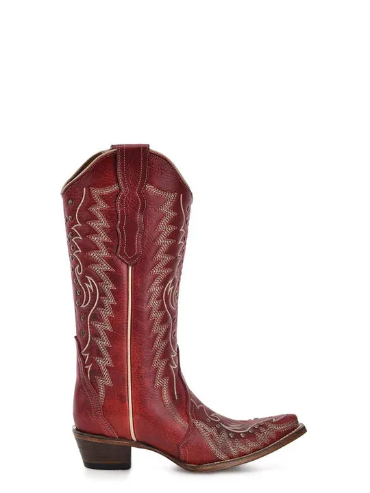 L6117 - WOMEN'S EMBROIDERY AND STUDS RED SNIP TOE COWBOY BOOT