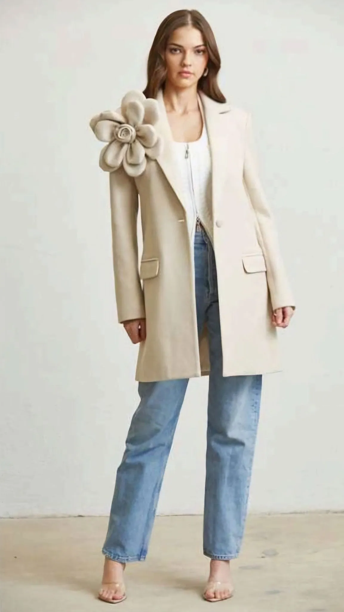 LIGHT BEIGE SPRING COAT WITH A FLOWER