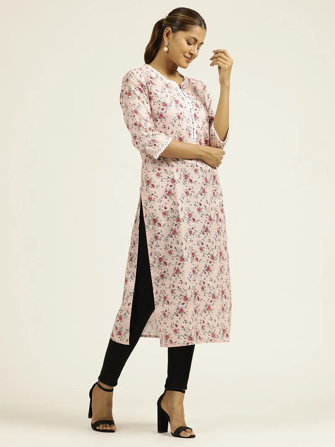 Light Pink Floral Printed Straight Kurta