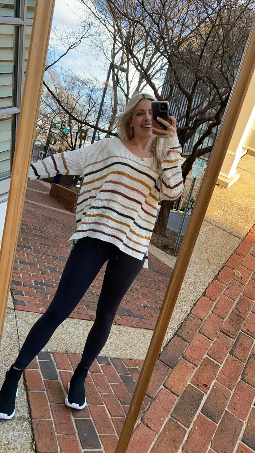 Mandy V-Neck Striped Sweater- Cream Combo