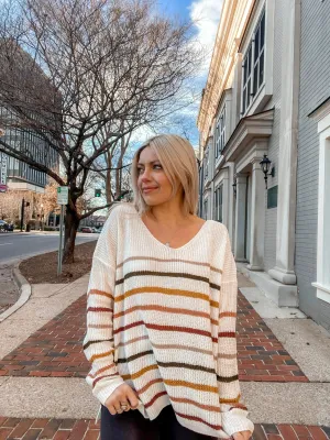 Mandy V-Neck Striped Sweater- Cream Combo