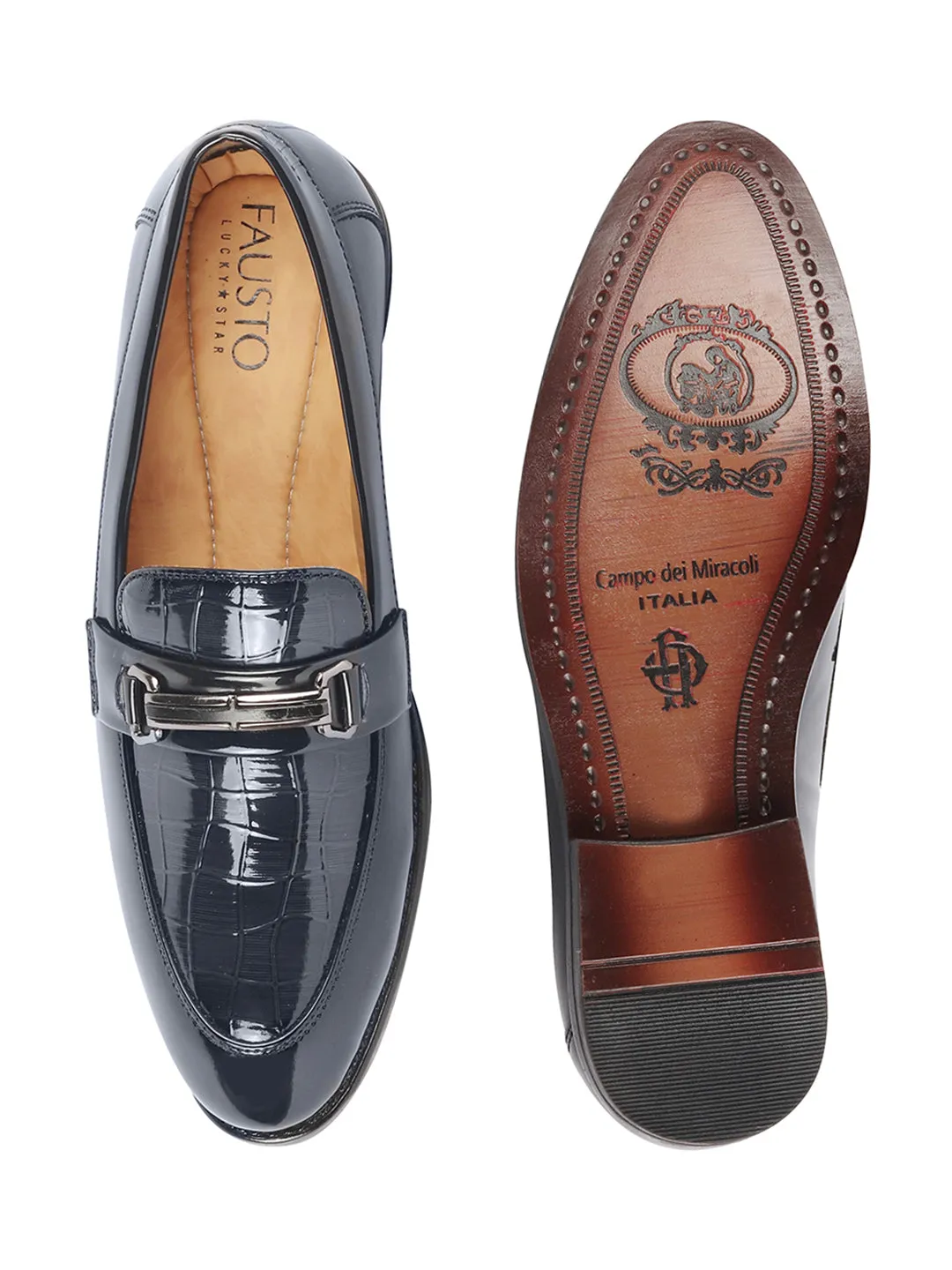 Men Blue Casual Patent Leather Slip-On Loafers