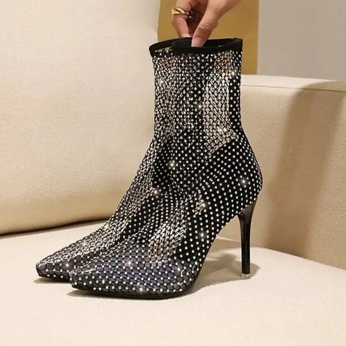 Nightclub Crystal Bling Summer Breathable Pointed Toe Super stiletto High Heels rhinestone gladiator boot
