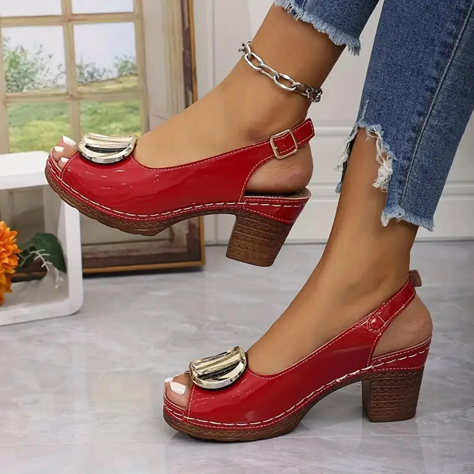 Orthopaedic sandals with metal buckle and mid-height open toe