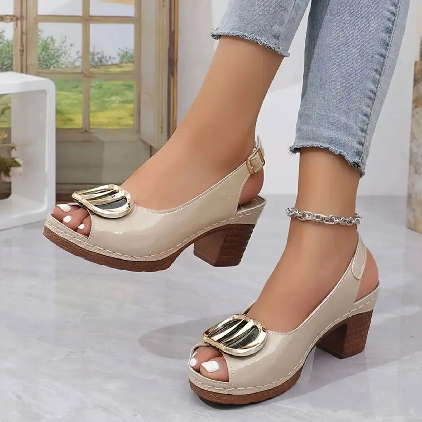 Orthopaedic sandals with metal buckle and mid-height open toe