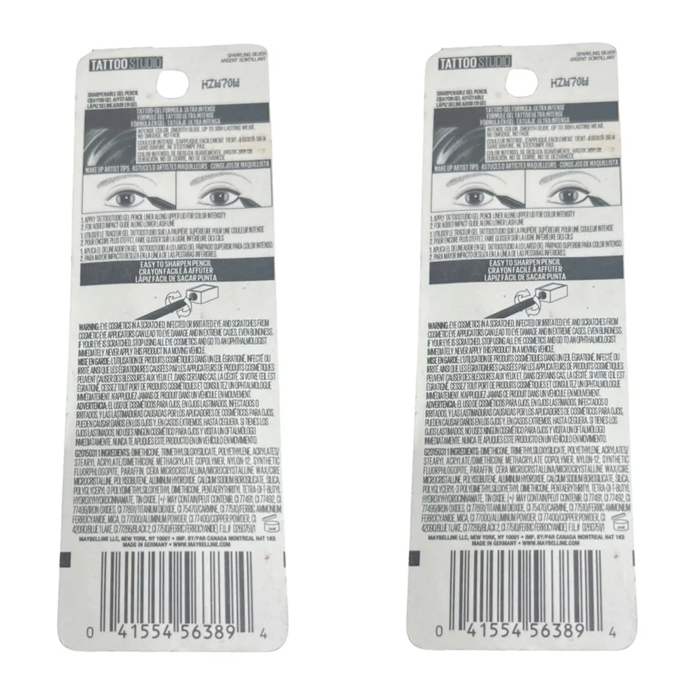 Pack of 2 Maybelline New York Tattoo Studio Waterproof Liner Sharpenable Gel Pencil Liner, Sparkling Silver 961
