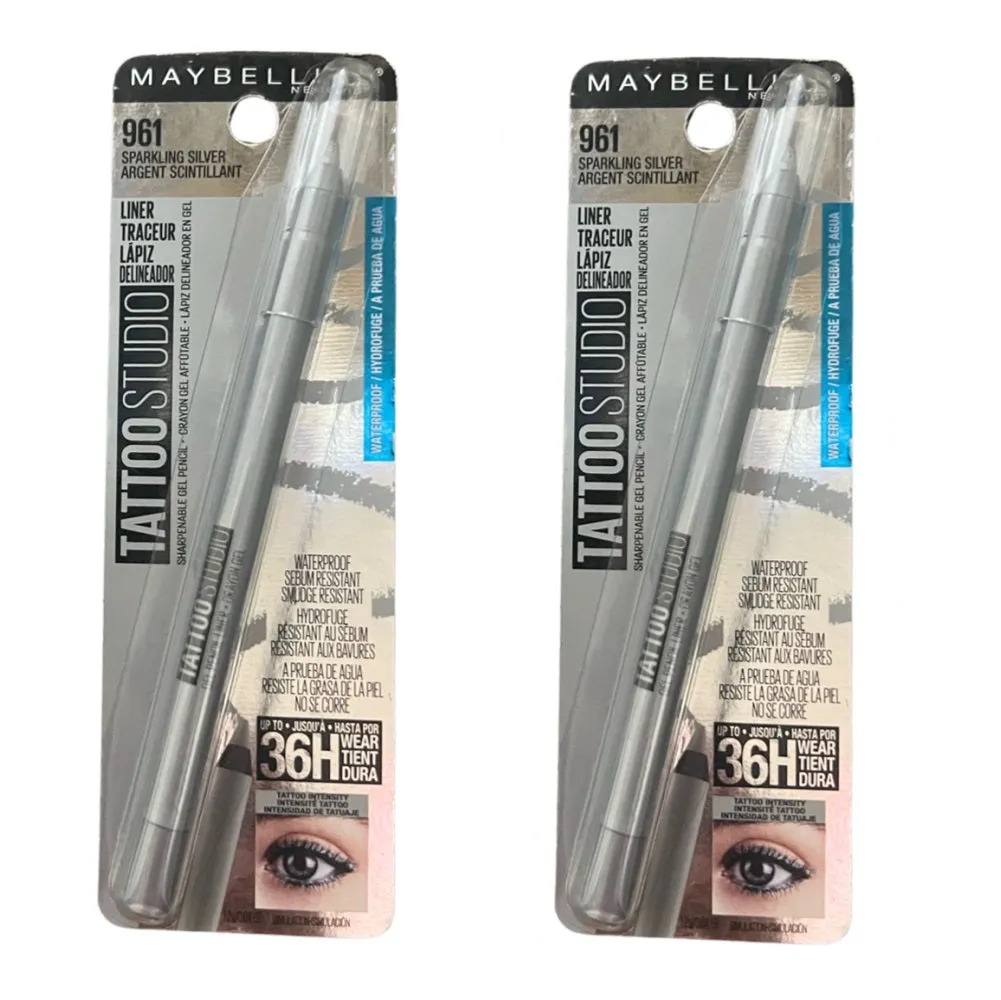 Pack of 2 Maybelline New York Tattoo Studio Waterproof Liner Sharpenable Gel Pencil Liner, Sparkling Silver 961
