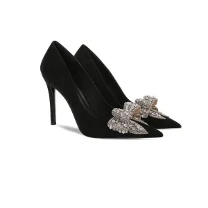 Rhinestone Metal Bow Embellished Pointed Toe Heels
