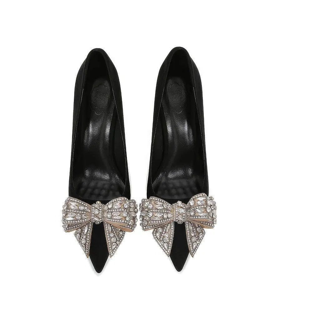 Rhinestone Metal Bow Embellished Pointed Toe Heels
