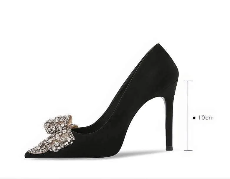 Rhinestone Metal Bow Embellished Pointed Toe Heels