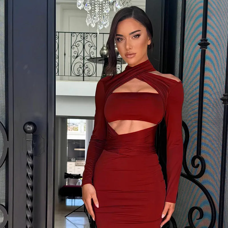 Sophisticated Cutout Halter Neck Long Sleeve Maxi Bodycon Dress
