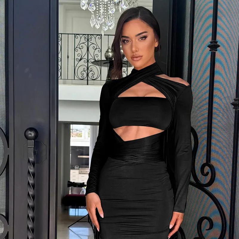 Sophisticated Cutout Halter Neck Long Sleeve Maxi Bodycon Dress