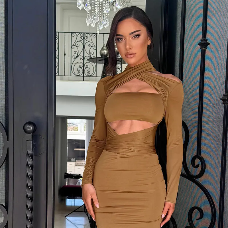Sophisticated Cutout Halter Neck Long Sleeve Maxi Bodycon Dress