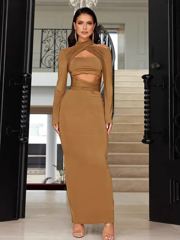 Sophisticated Cutout Halter Neck Long Sleeve Maxi Bodycon Dress