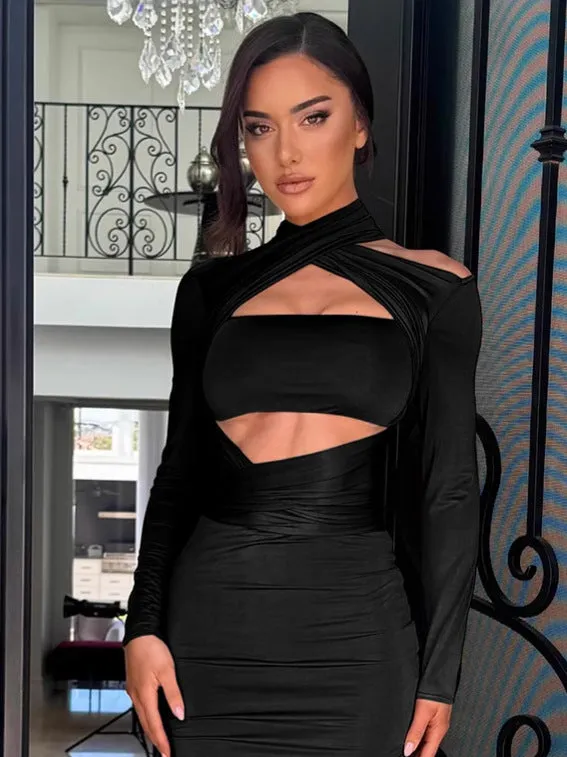 Sophisticated Cutout Halter Neck Long Sleeve Maxi Bodycon Dress