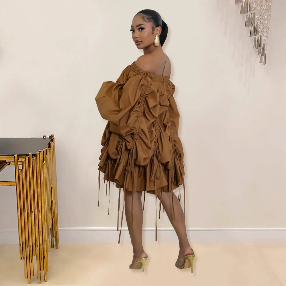 Sophisticated Off-Shoulder Ruched Drawstring Statement Dress