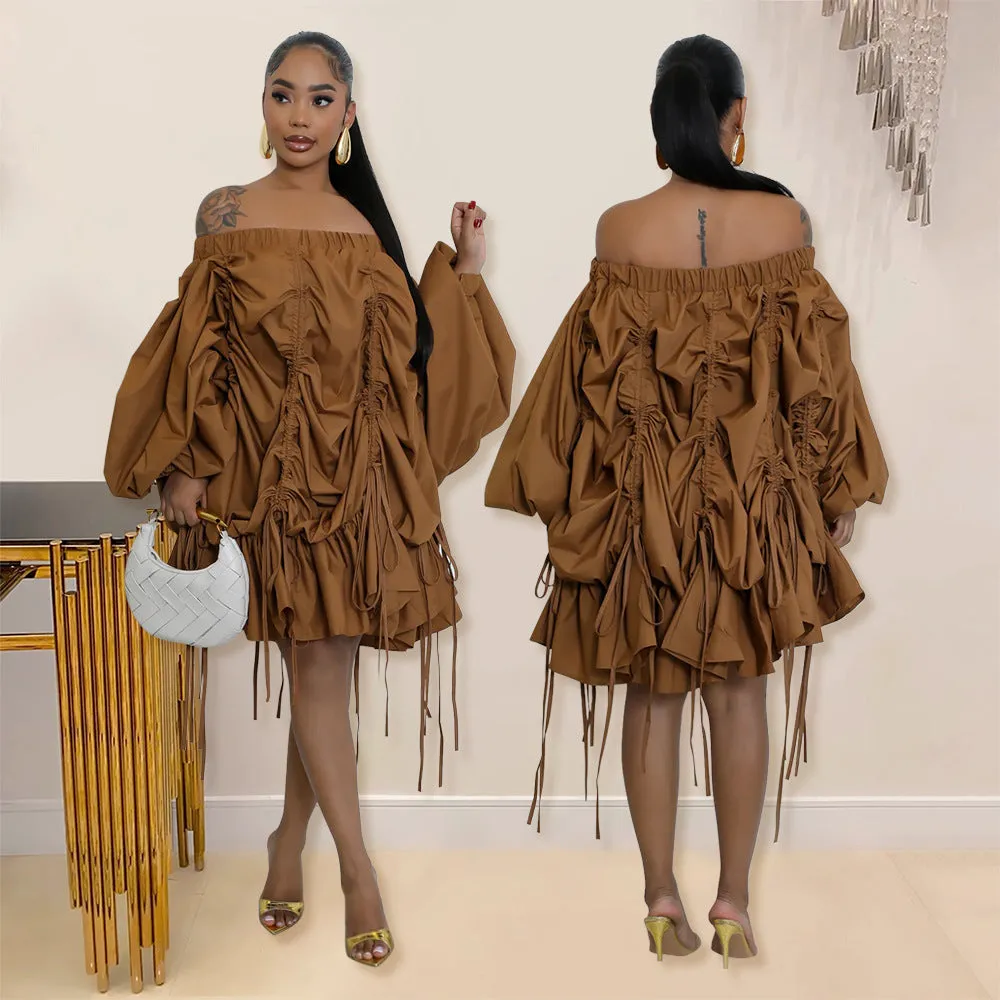 Sophisticated Off-Shoulder Ruched Drawstring Statement Dress