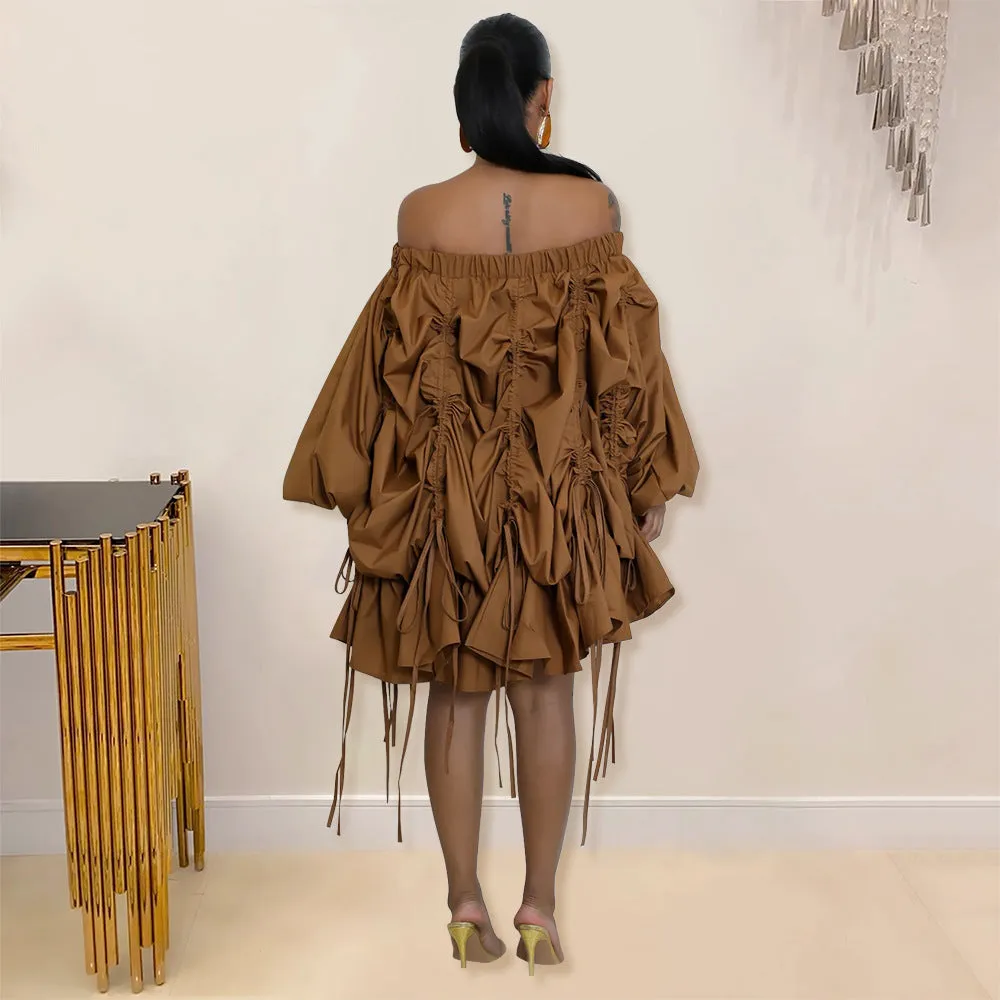Sophisticated Off-Shoulder Ruched Drawstring Statement Dress