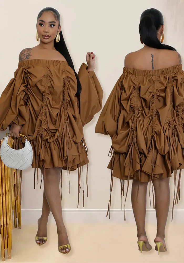 Sophisticated Off-Shoulder Ruched Drawstring Statement Dress