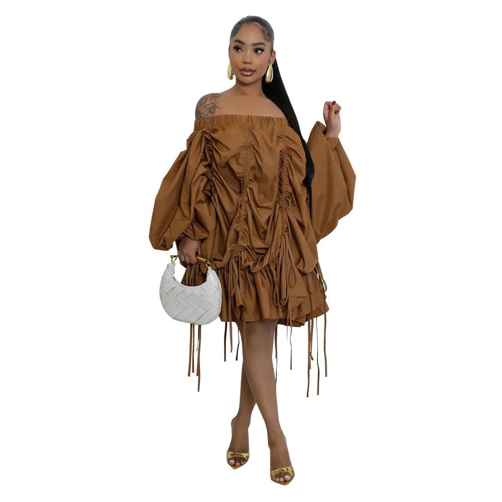 Sophisticated Off-Shoulder Ruched Drawstring Statement Dress