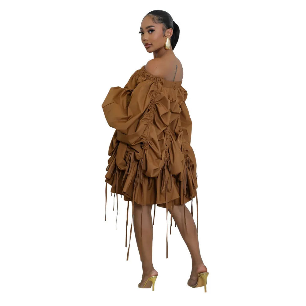 Sophisticated Off-Shoulder Ruched Drawstring Statement Dress