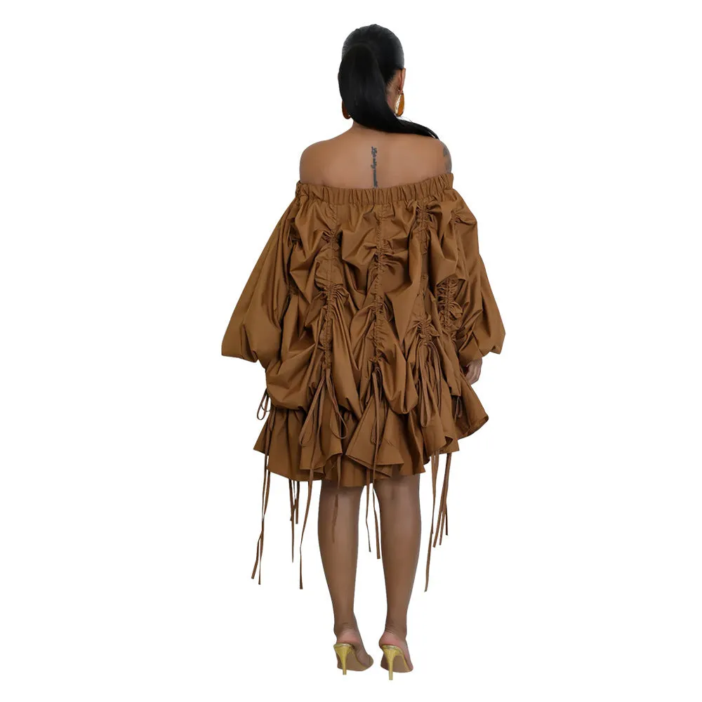 Sophisticated Off-Shoulder Ruched Drawstring Statement Dress