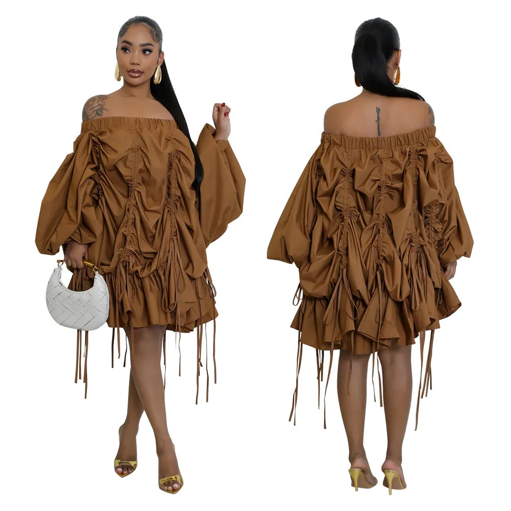 Sophisticated Off-Shoulder Ruched Drawstring Statement Dress