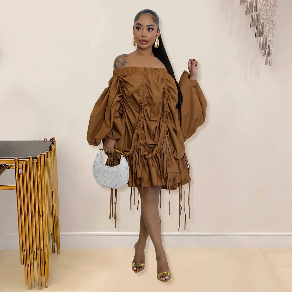 Sophisticated Off-Shoulder Ruched Drawstring Statement Dress