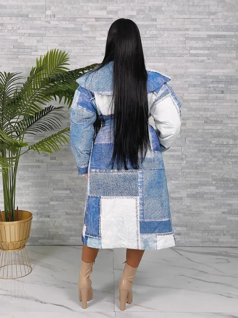 Statement Oversized Denim Patchwork Print Belted Trench Coat