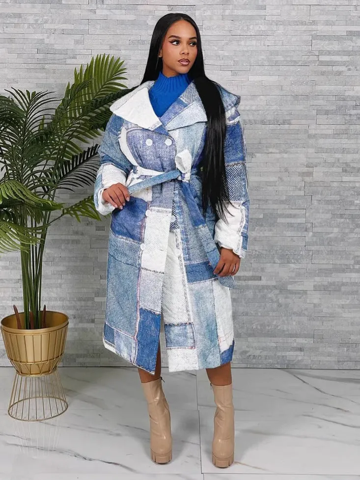 Statement Oversized Denim Patchwork Print Belted Trench Coat