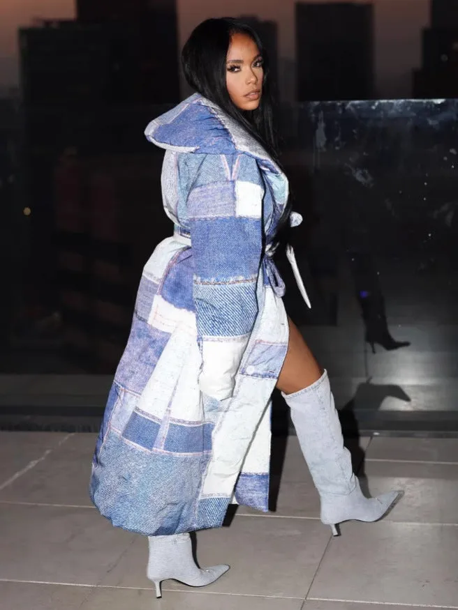 Statement Oversized Denim Patchwork Print Belted Trench Coat