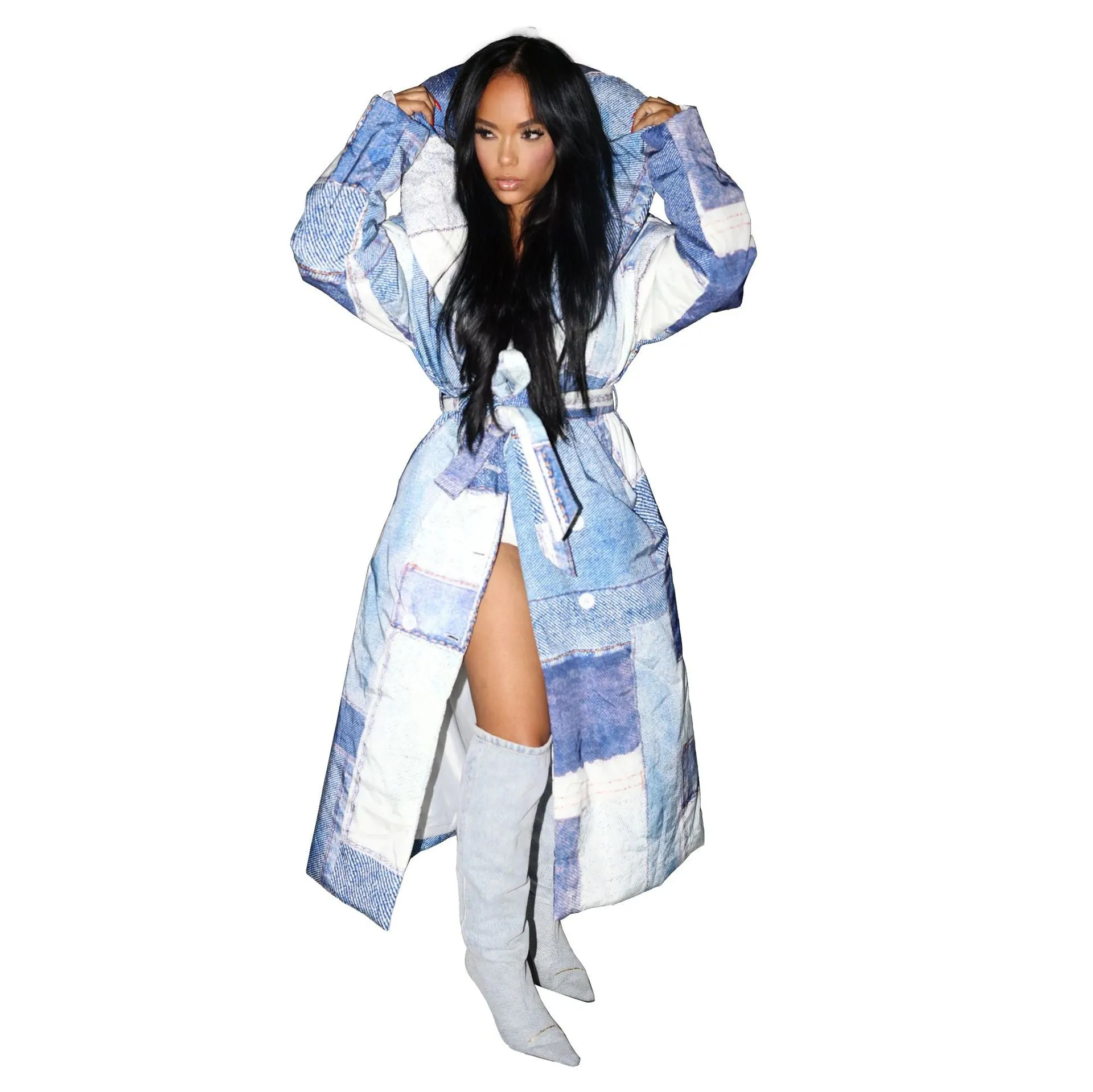 Statement Oversized Denim Patchwork Print Belted Trench Coat
