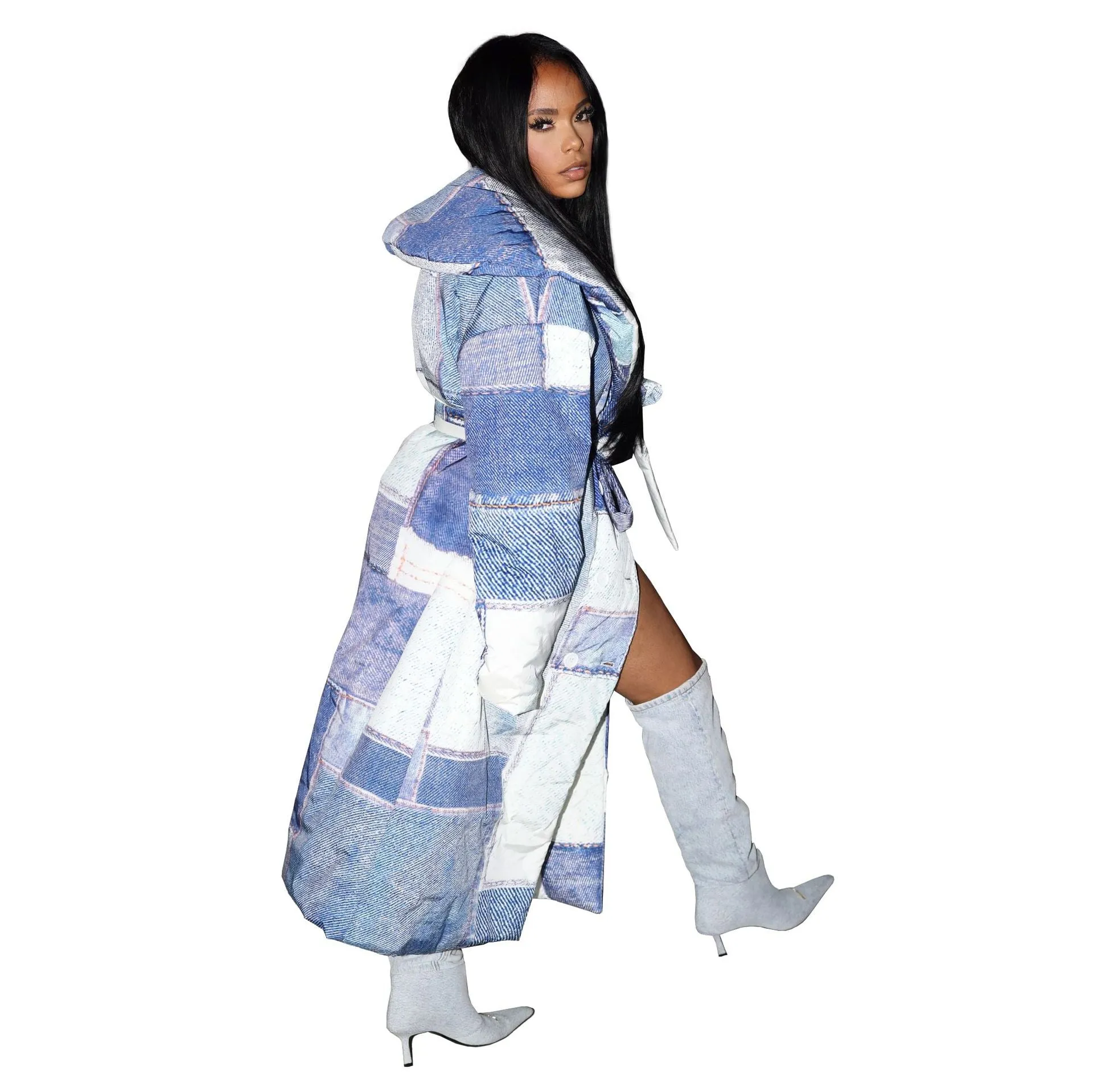 Statement Oversized Denim Patchwork Print Belted Trench Coat