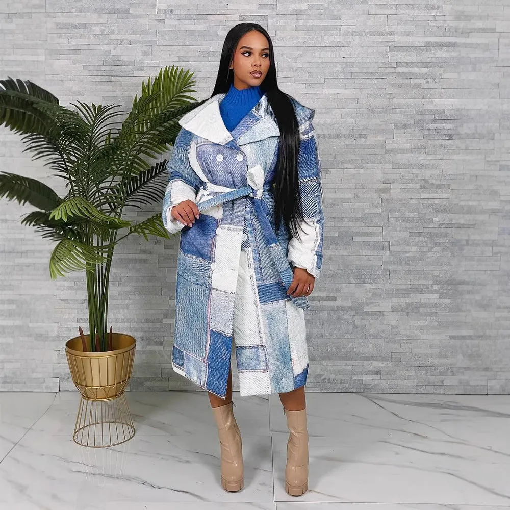 Statement Oversized Denim Patchwork Print Belted Trench Coat