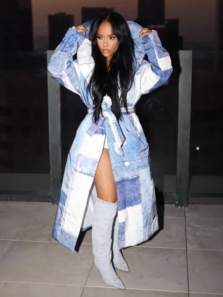 Statement Oversized Denim Patchwork Print Belted Trench Coat