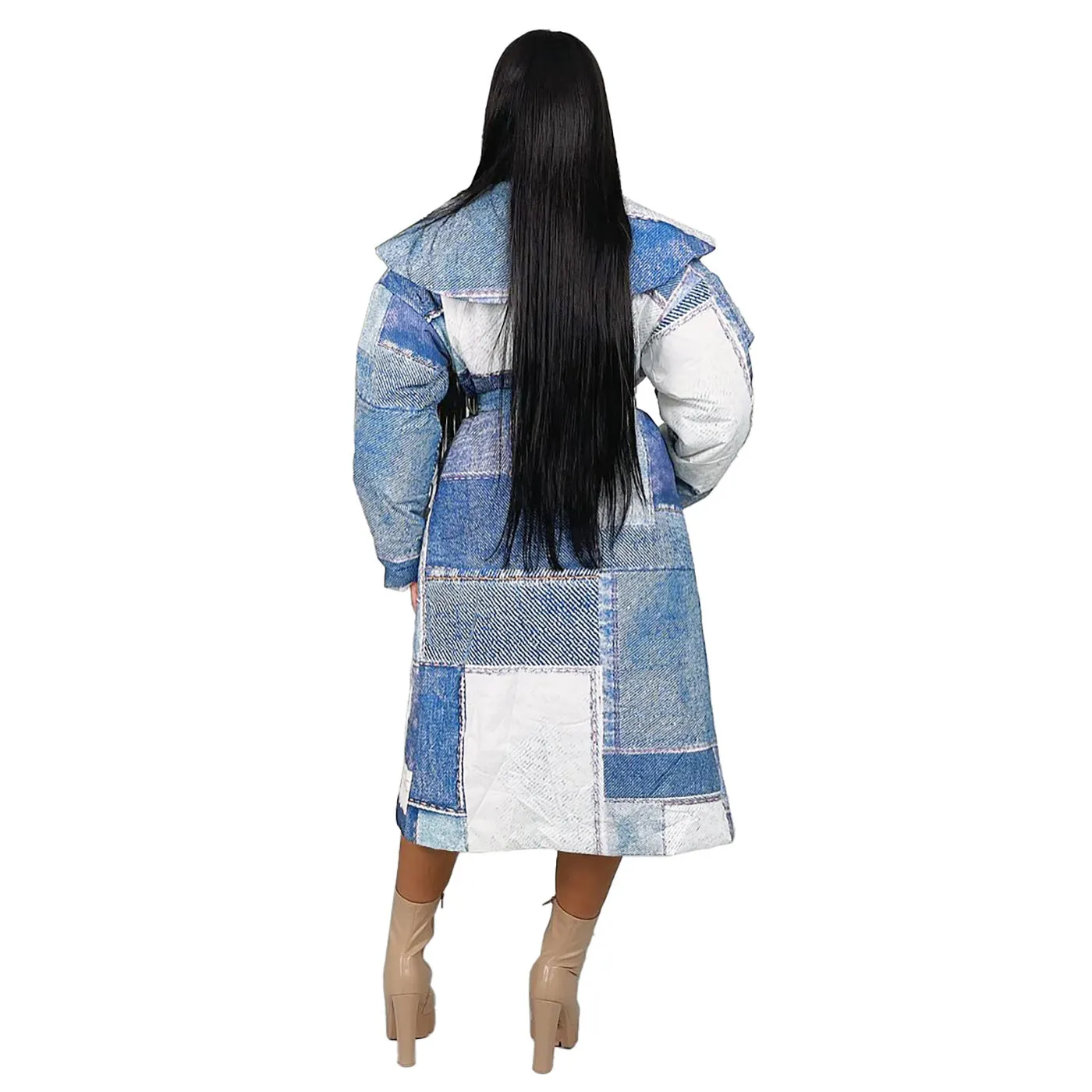 Statement Oversized Denim Patchwork Print Belted Trench Coat