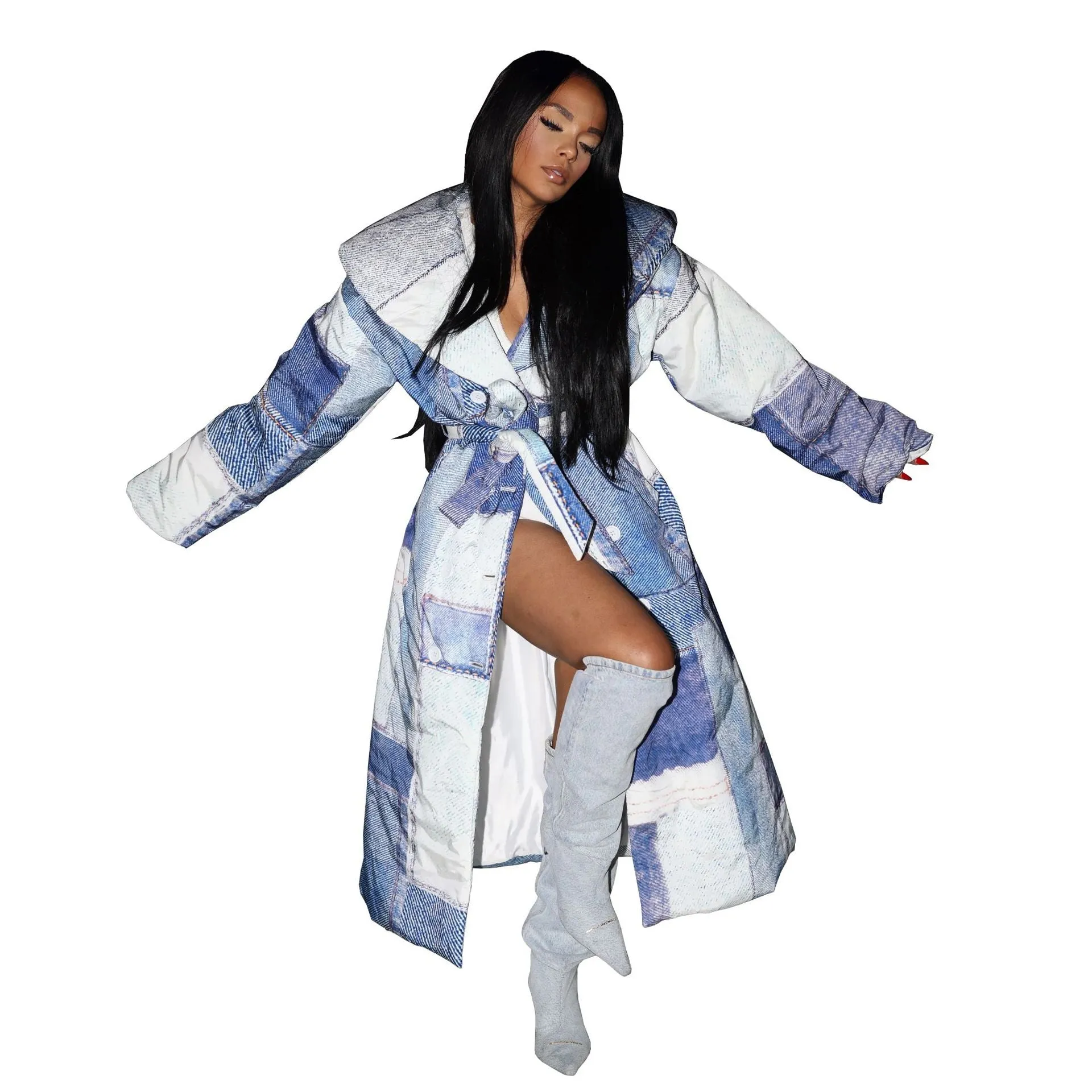 Statement Oversized Denim Patchwork Print Belted Trench Coat