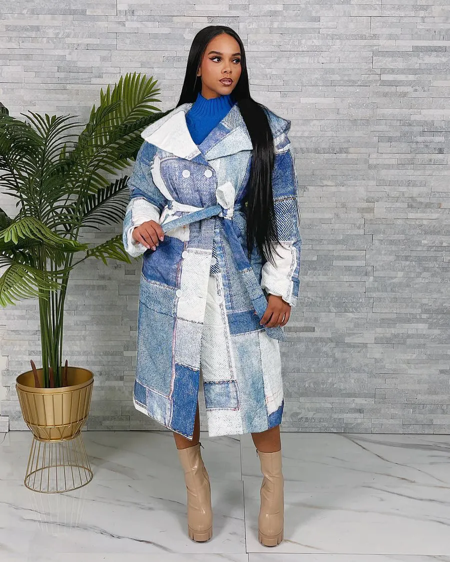 Statement Oversized Denim Patchwork Print Belted Trench Coat