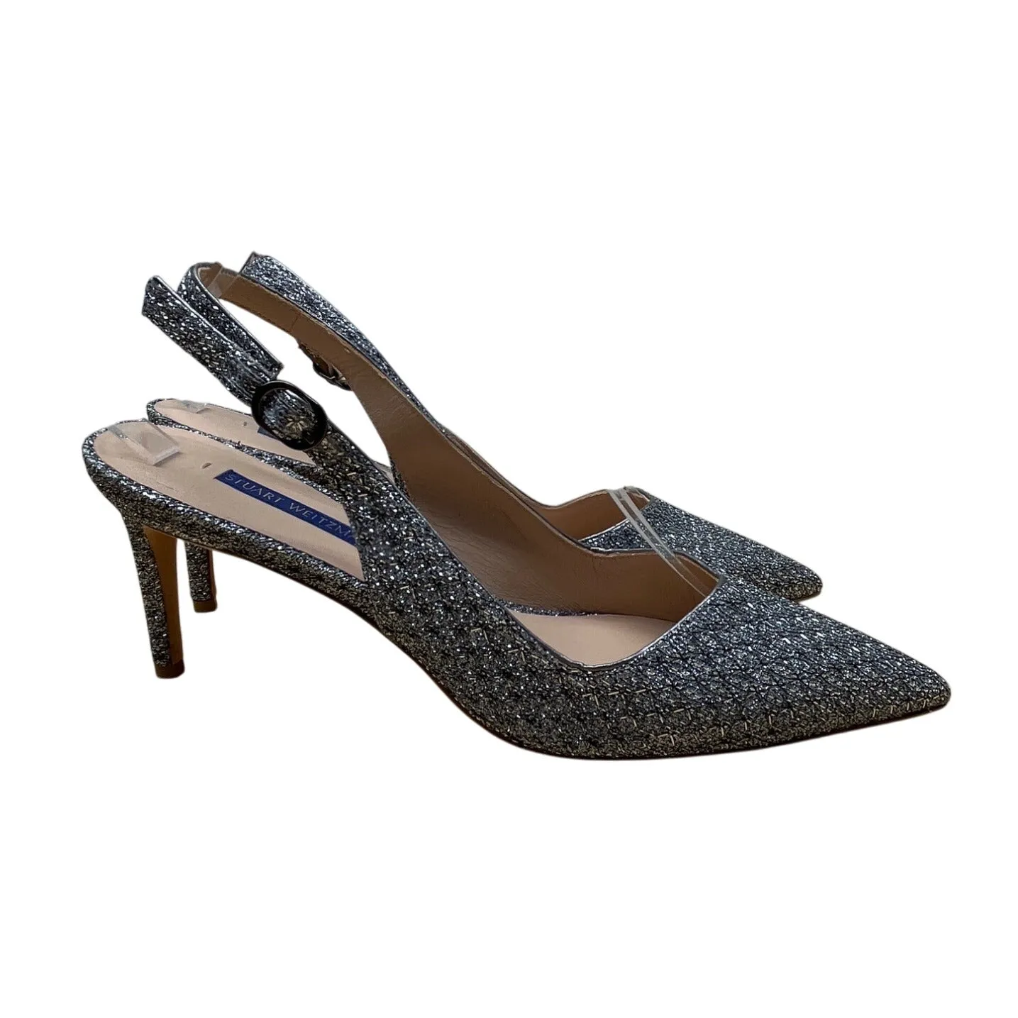 Stuart Weitzman Glitter Grey Pointed Toe Slingback Strap Stiletto Heels Sz 8.5