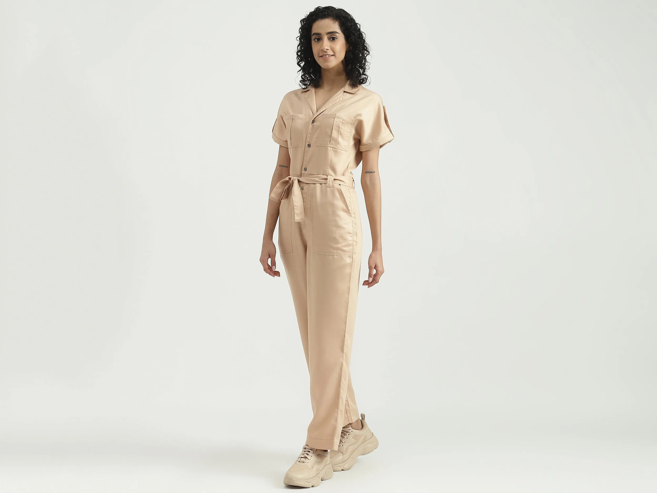 Tencel Solid Lapel Collar Women Dungaree