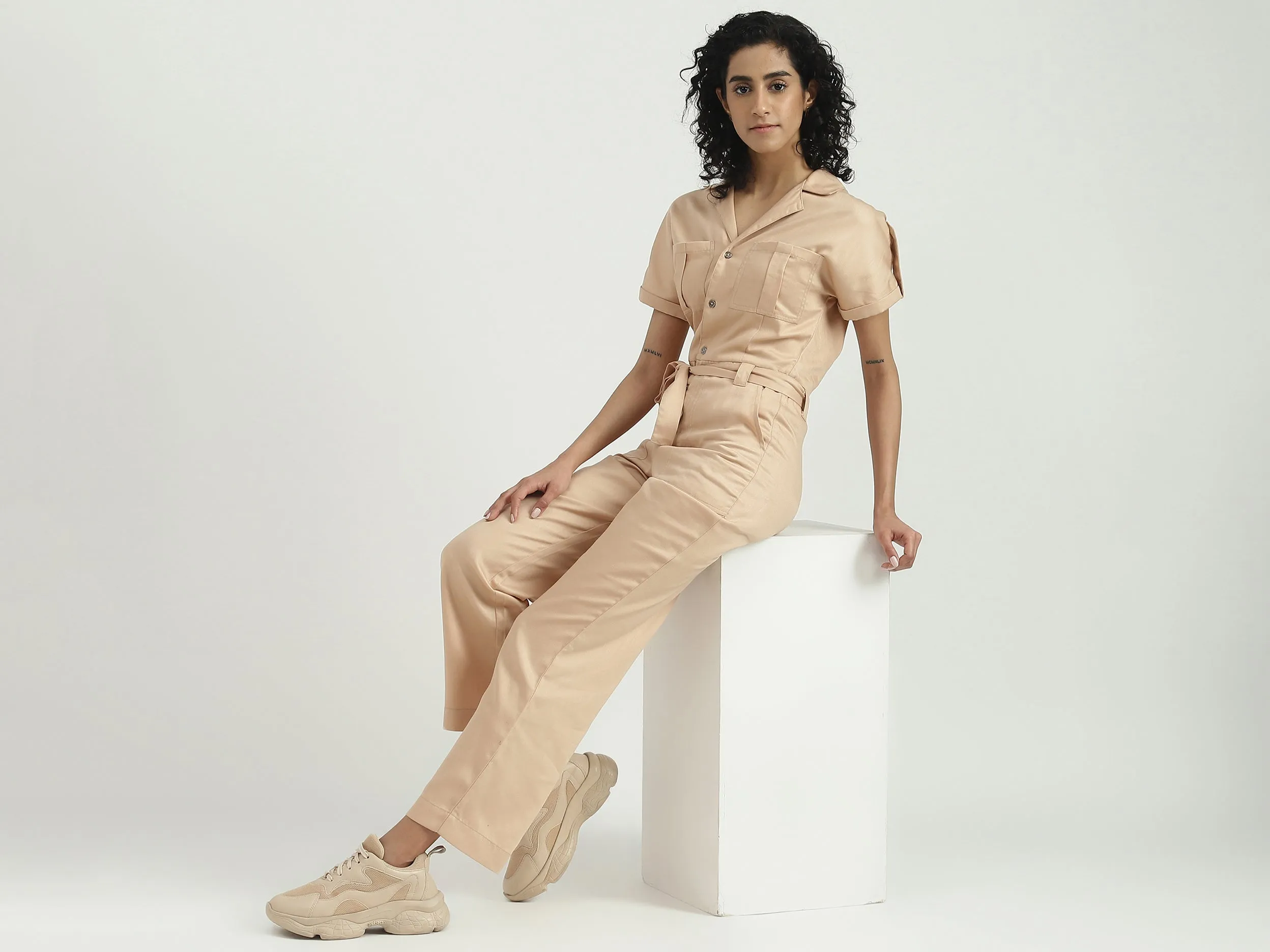 Tencel Solid Lapel Collar Women Dungaree