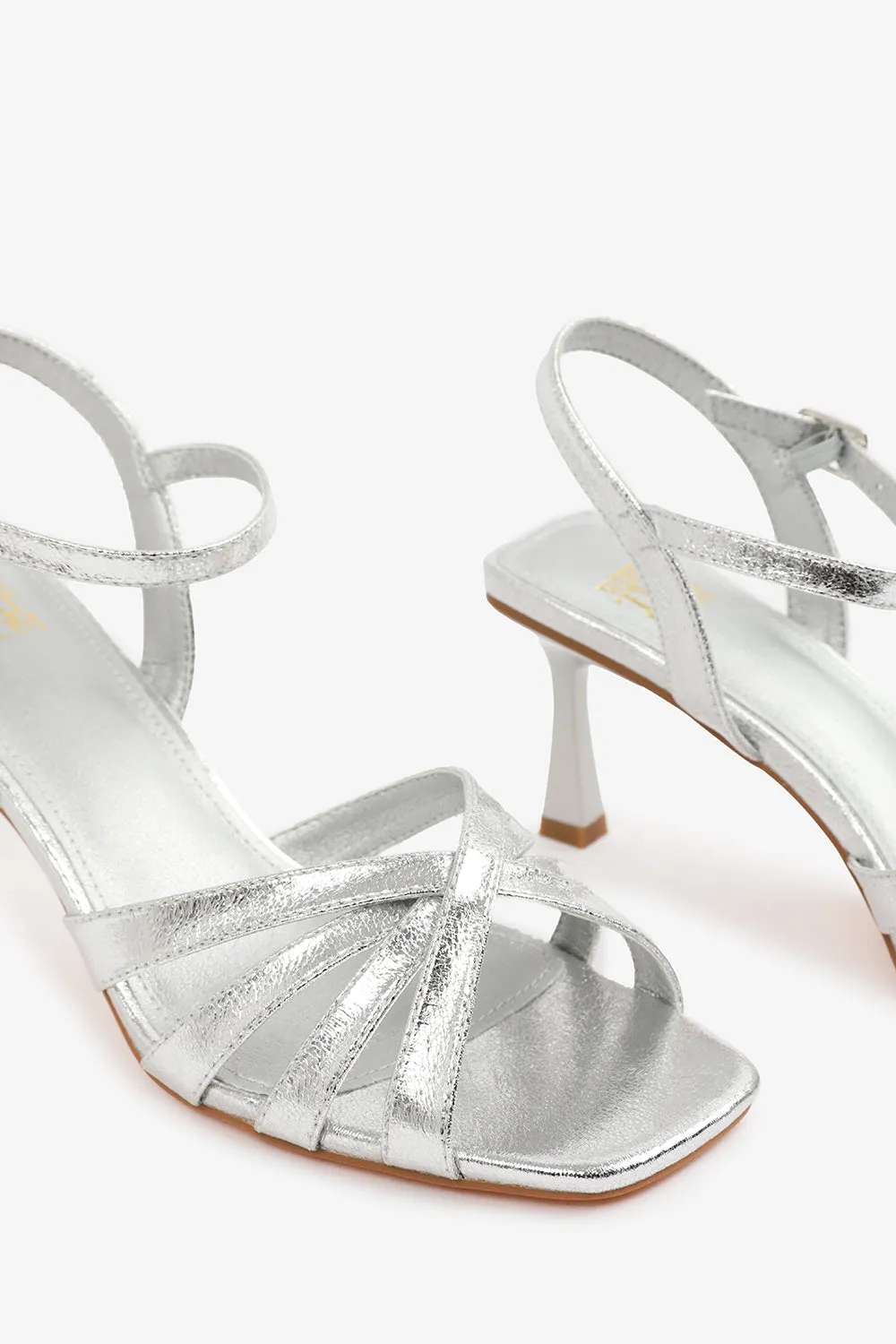 TORIGH CROSS OVER MULTI STRAP ADJUSTABLE BUCKLE HEEL IN SILVER CRINKLE PU