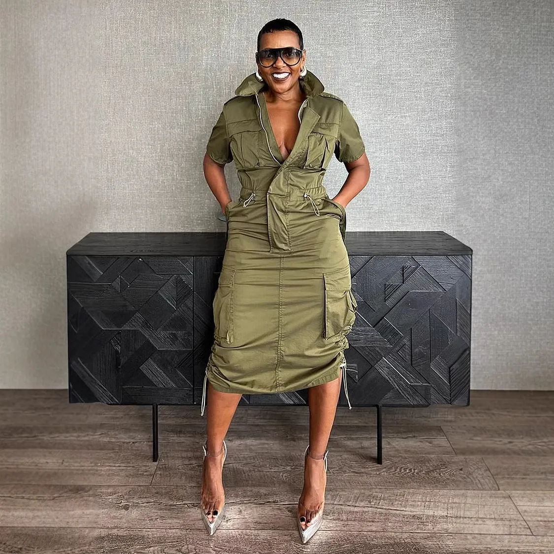 Utility-Inspired Drawstring Cargo Dress with Tailored Fit